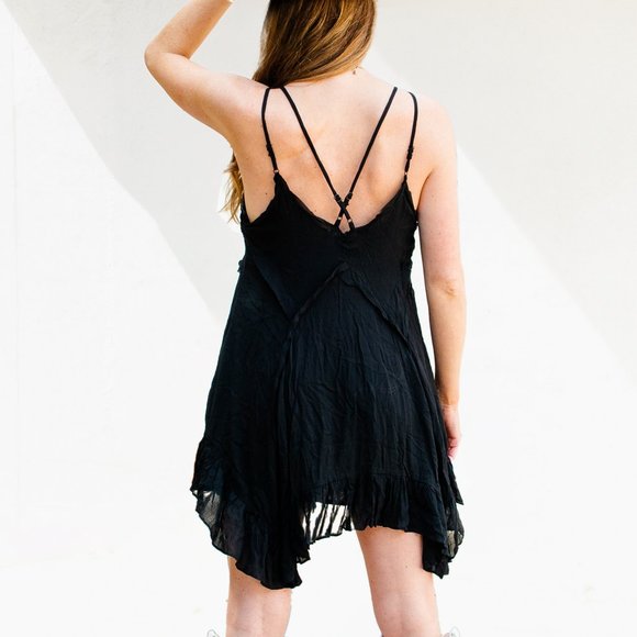 Mustard Seed Dresses & Skirts - Black Flowy Layered Mini Dress Asymmetrical Hem Double Cross Back Straps Small